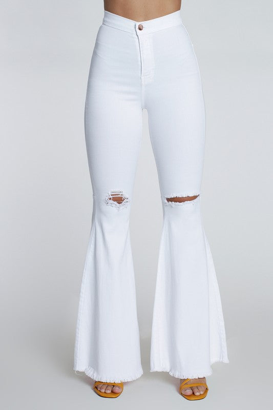 Farrah High Rise Distressed Bell Bottoms - White