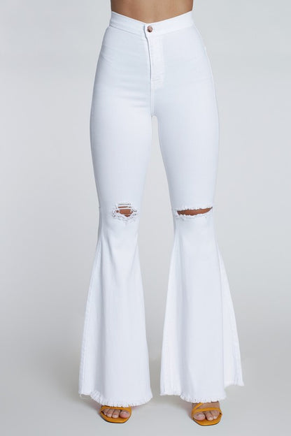 Farrah High Rise Distressed Bell Bottoms - White