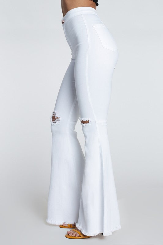 Farrah High Rise Distressed Bell Bottoms - White