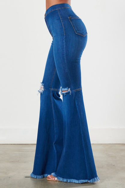 Donna Raw Hem Distressed  Flare Jeans - Medium Stone Wash