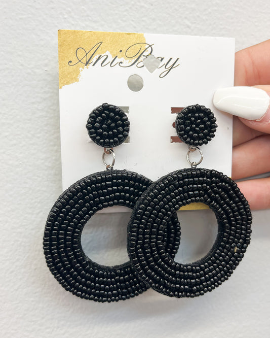 Black Beaded Round Earrings