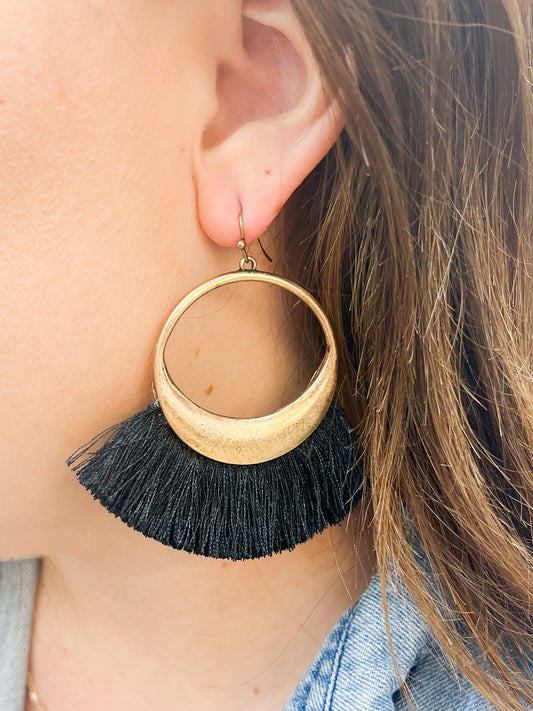 Black Hoop Tassel Earrings