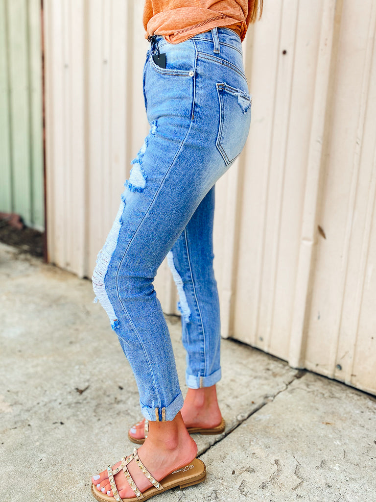 Drew Distressed Roll Up Cuff Skinny - Relax Fit Light Wash