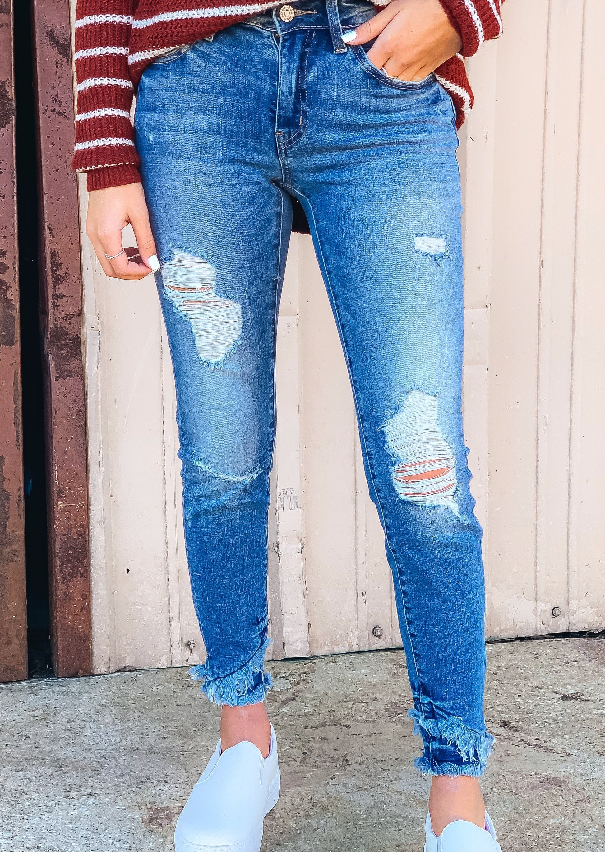 KanCan:: Mid Rise Hem Detail Ankle Skinny - Medium Wash