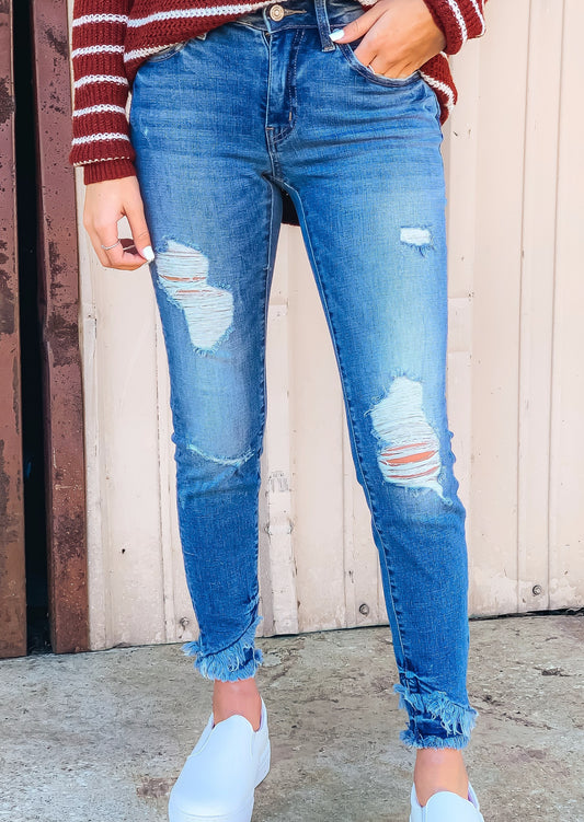 KanCan:: Mid Rise Hem Detail Ankle Skinny - Medium Wash