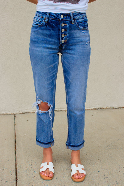 Skeeter Stretch Boyfriend Jeans - Medium Indigo Wash