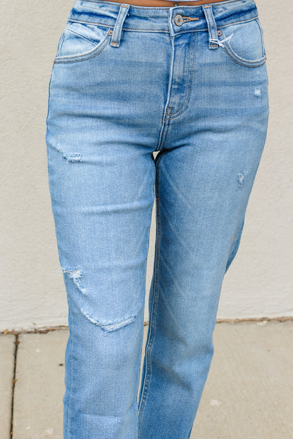 KanCan: High Rise Slim Straight Distressed Denim - Medium Wash