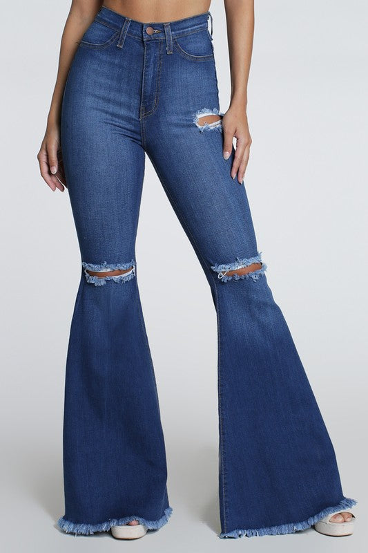 Jackie High Rise Distressed Bell Bottoms - Medium Stone Wash