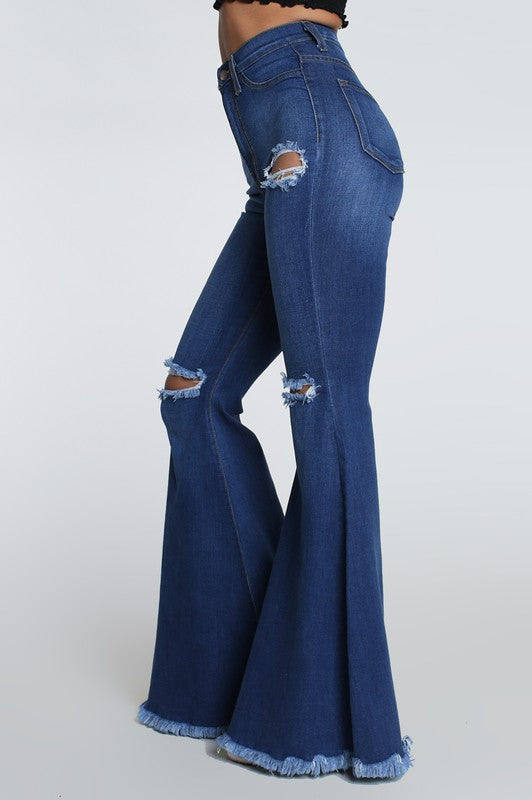 Jackie High Rise Distressed Bell Bottoms - Medium Stone Wash